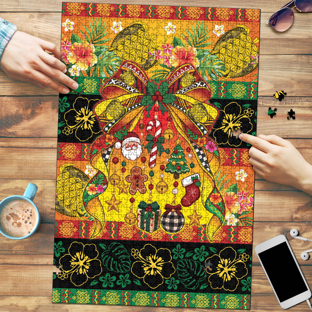 Vanuatu Sand Drawing Christmas Bow Puzzle Meri Krismas Hibiscus Turtle LT9 Multicolor - Polynesian Pride