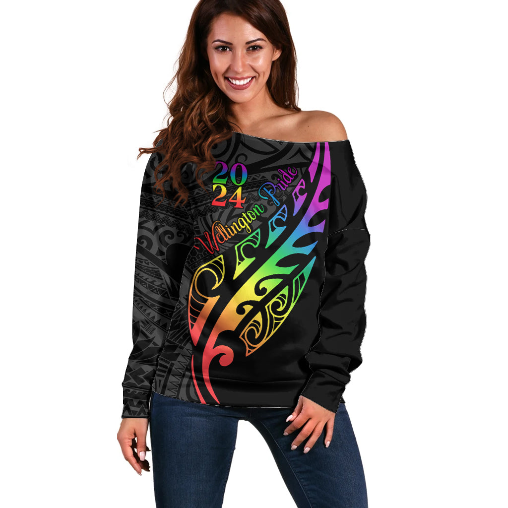 Personalised New Zealand Wellington Pride Off Shoulder Sweater Maori Fern with Pride Flag 2024 LT9 Women Black - Polynesian Pride