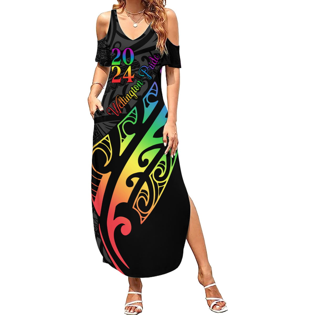 Personalised New Zealand Wellington Pride Summer Maxi Dress Maori Fern with Pride Flag 2024 LT9 Women Black - Polynesian Pride