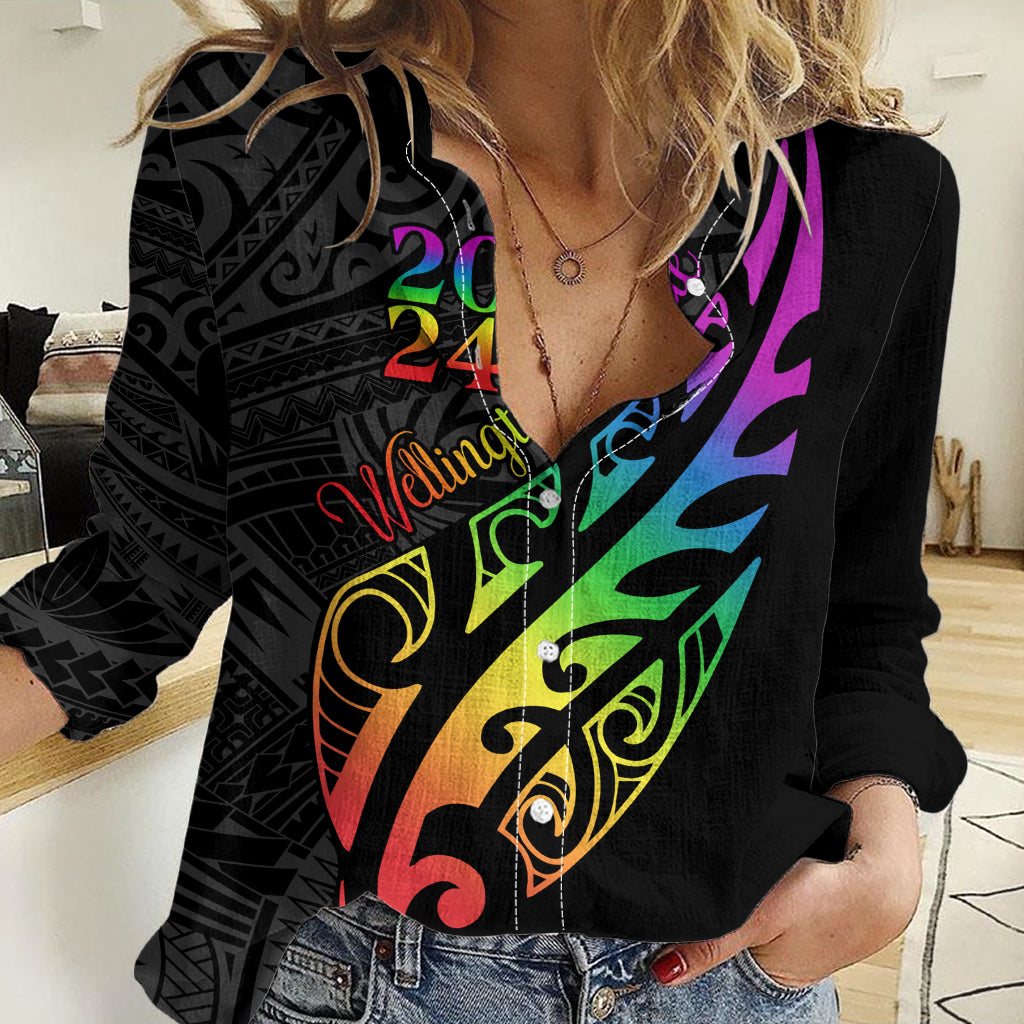 Personalised New Zealand Wellington Pride Women Casual Shirt Maori Fern with Pride Flag 2024 LT9 Female Black - Polynesian Pride