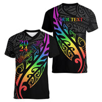 Personalised New Zealand Wellington Pride Women V Neck T Shirt Maori Fern with Pride Flag 2024 LT9 - Polynesian Pride