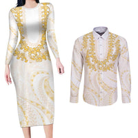 Aloha Lei Onaona Couples Matching Long Sleeve Bodycon Dress and Long Sleeve Button Shirt Beige Hawaiian Tribal Pattern