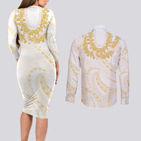 Aloha Lei Onaona Couples Matching Long Sleeve Bodycon Dress and Long Sleeve Button Shirt Beige Hawaiian Tribal Pattern