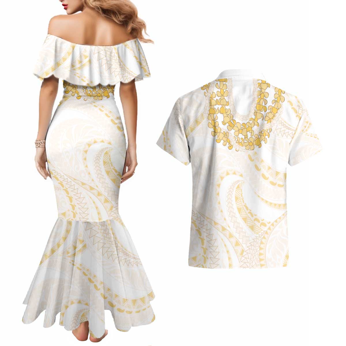 Aloha Lei Onaona Couples Matching Mermaid Dress and Hawaiian Shirt Beige Hawaiian Tribal Pattern