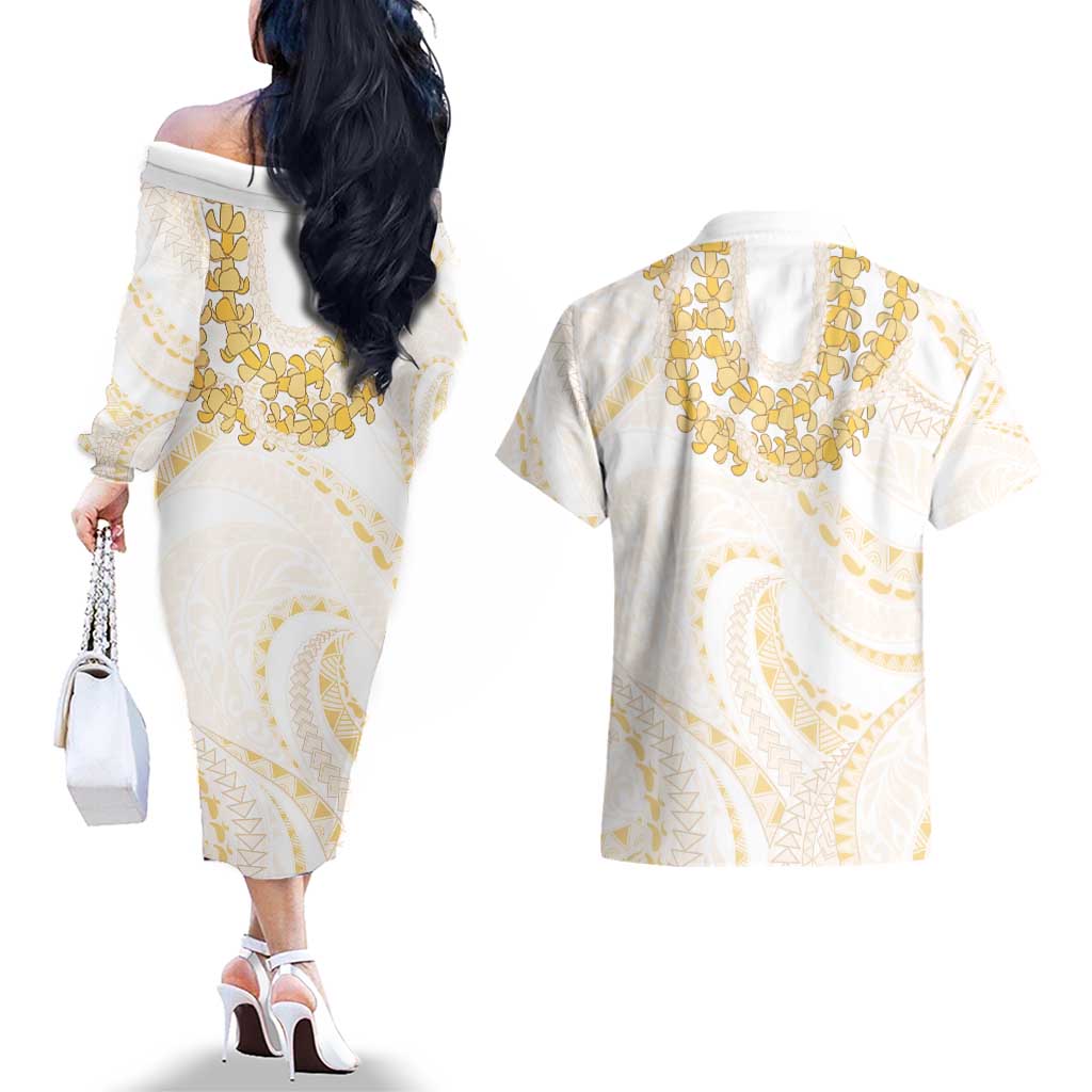 Aloha Lei Onaona Couples Matching Off The Shoulder Long Sleeve Dress and Hawaiian Shirt Beige Hawaiian Tribal Pattern