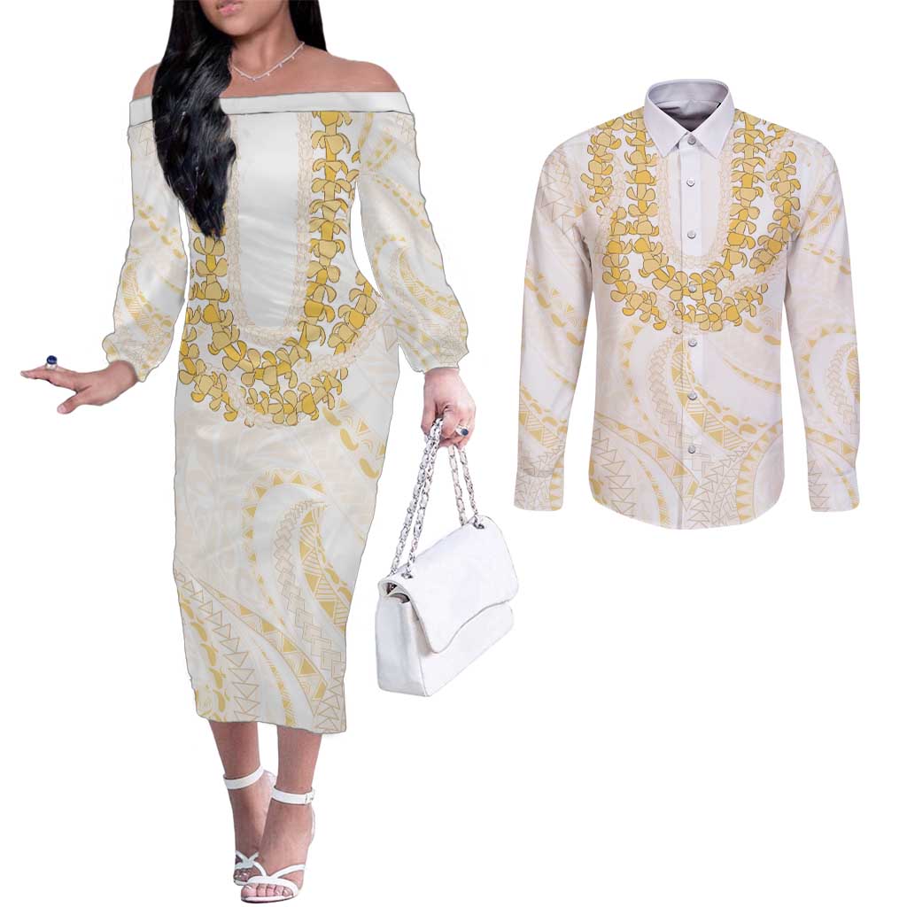 Aloha Lei Onaona Couples Matching Off The Shoulder Long Sleeve Dress and Long Sleeve Button Shirt Beige Hawaiian Tribal Pattern