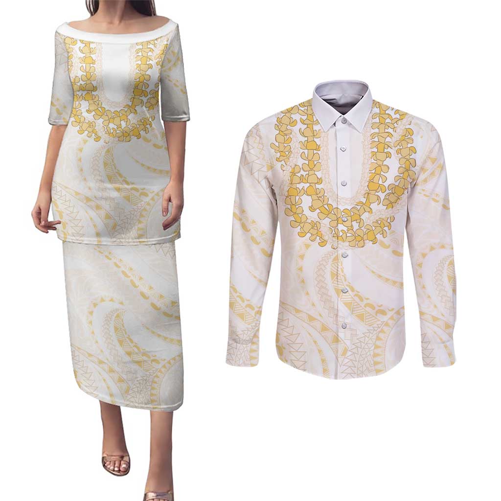 Aloha Lei Onaona Couples Matching Puletasi and Long Sleeve Button Shirt Beige Hawaiian Tribal Pattern