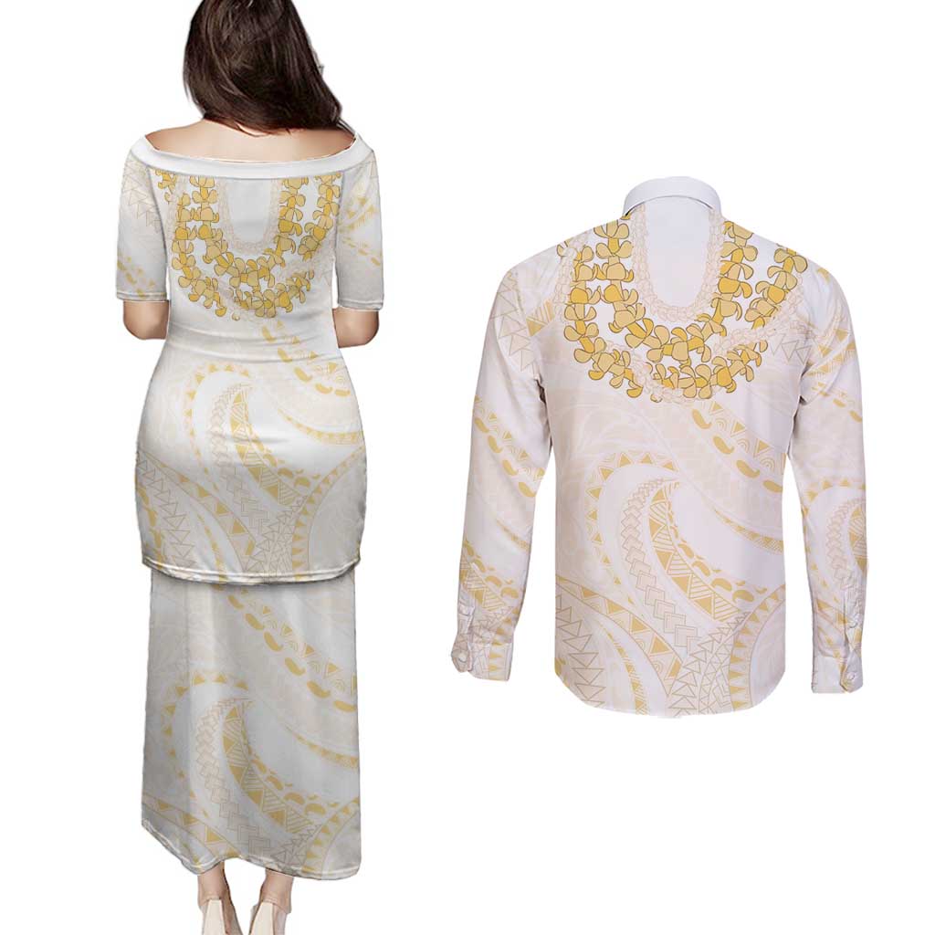 Aloha Lei Onaona Couples Matching Puletasi and Long Sleeve Button Shirt Beige Hawaiian Tribal Pattern