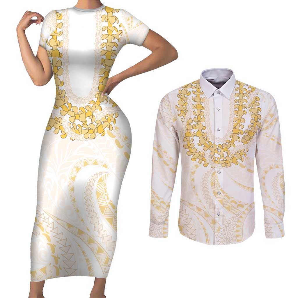 Aloha Lei Onaona Couples Matching Short Sleeve Bodycon Dress and Long Sleeve Button Shirt Beige Hawaiian Tribal Pattern