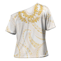 Aloha Lei Onaona Cross Shoulder Shirt Beige Hawaiian Tribal Pattern - Polynesian Pride