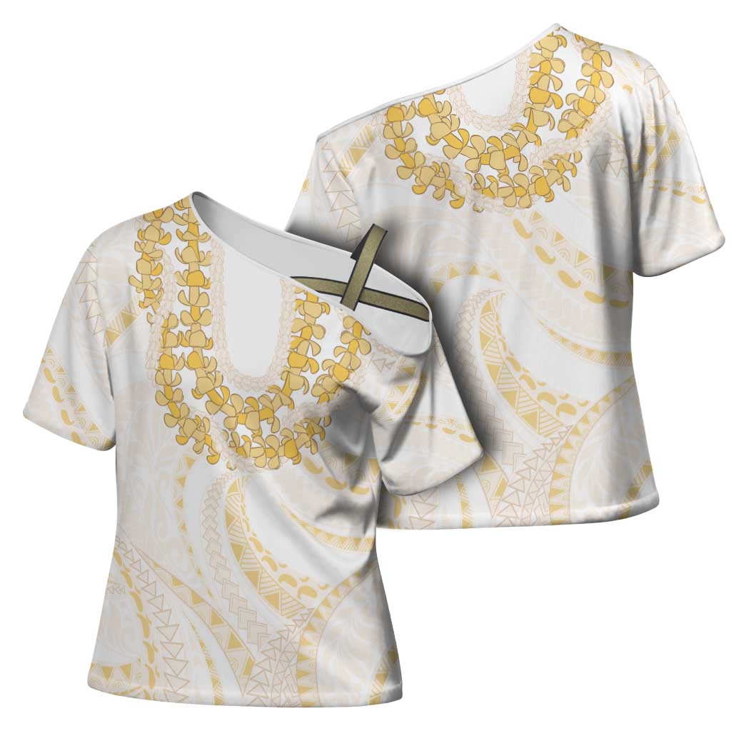 Aloha Lei Onaona Cross Shoulder Shirt Beige Hawaiian Tribal Pattern - Polynesian Pride