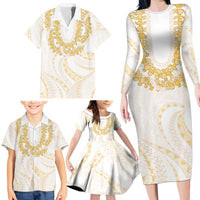 Aloha Lei Onaona Family Matching Long Sleeve Bodycon Dress and Hawaiian Shirt Beige Hawaiian Tribal Pattern