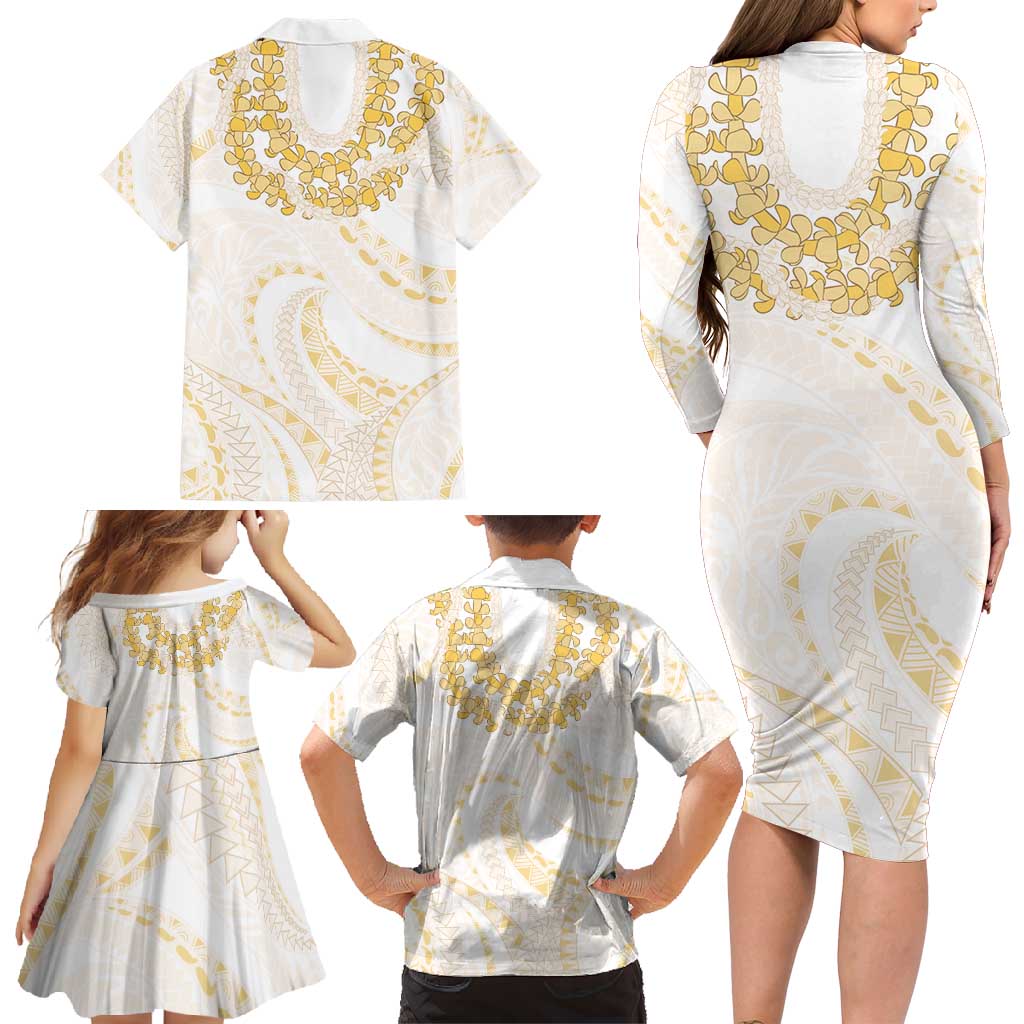 Aloha Lei Onaona Family Matching Long Sleeve Bodycon Dress and Hawaiian Shirt Beige Hawaiian Tribal Pattern