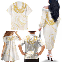 Aloha Lei Onaona Family Matching Off The Shoulder Long Sleeve Dress and Hawaiian Shirt Beige Hawaiian Tribal Pattern