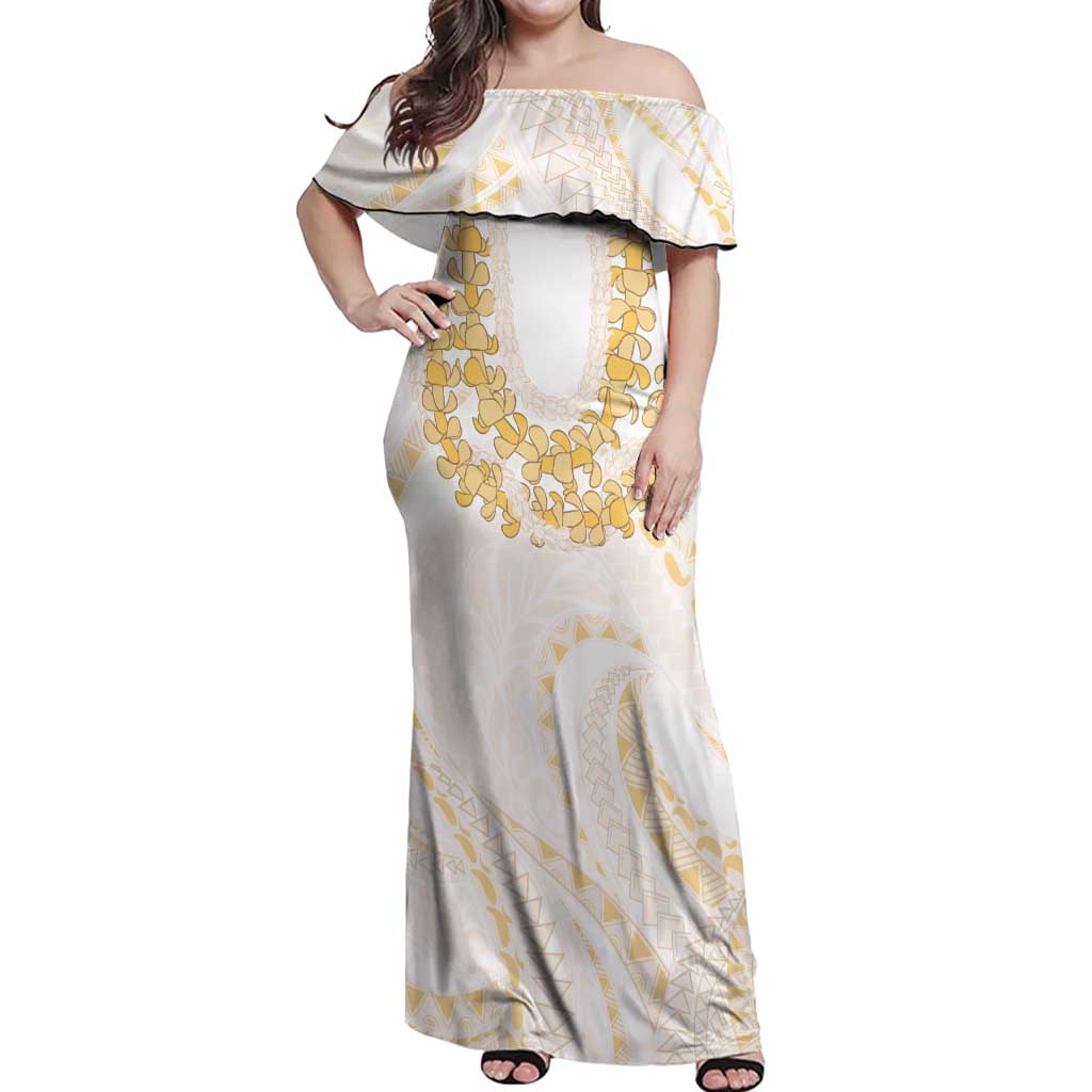 Aloha Lei Onaona Off Shoulder Maxi Dress Beige Hawaiian Tribal Pattern