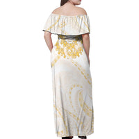 Aloha Lei Onaona Off Shoulder Maxi Dress Beige Hawaiian Tribal Pattern