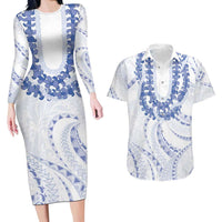 Aloha Lei Onaona Couples Matching Long Sleeve Bodycon Dress and Hawaiian Shirt Navy Blue Hawaiian Tribal Pattern