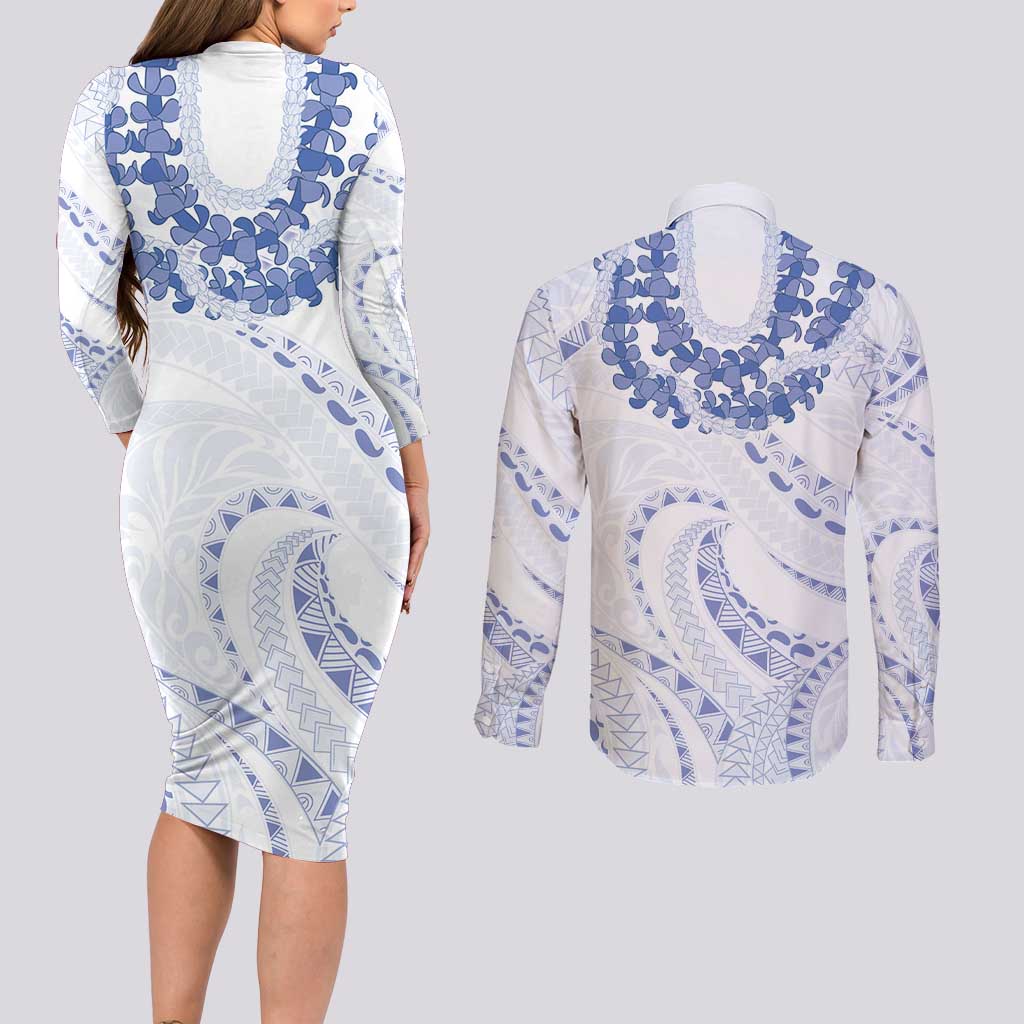 Aloha Lei Onaona Couples Matching Long Sleeve Bodycon Dress and Long Sleeve Button Shirt Navy Blue Hawaiian Tribal Pattern