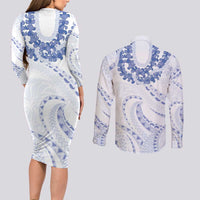 Aloha Lei Onaona Couples Matching Long Sleeve Bodycon Dress and Long Sleeve Button Shirt Navy Blue Hawaiian Tribal Pattern