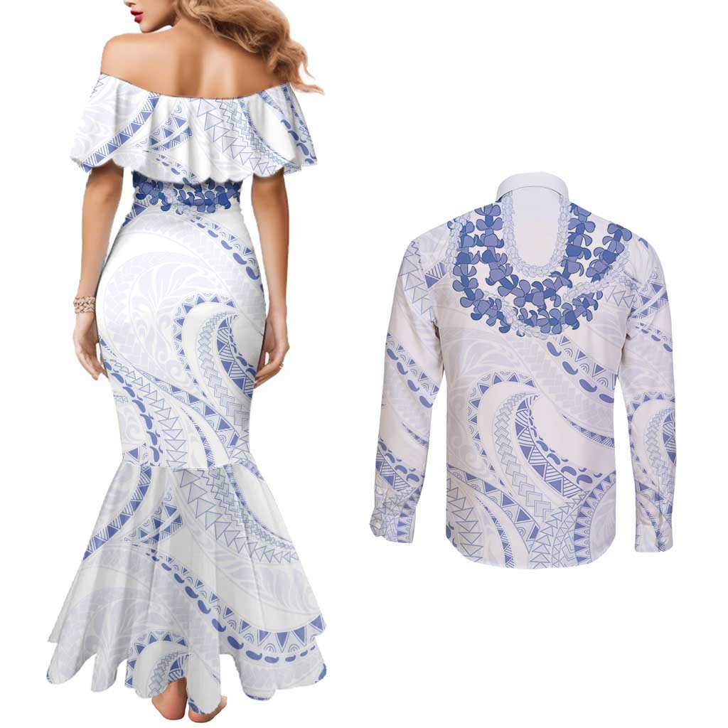 Aloha Lei Onaona Couples Matching Mermaid Dress and Long Sleeve Button Shirt Navy Blue Hawaiian Tribal Pattern