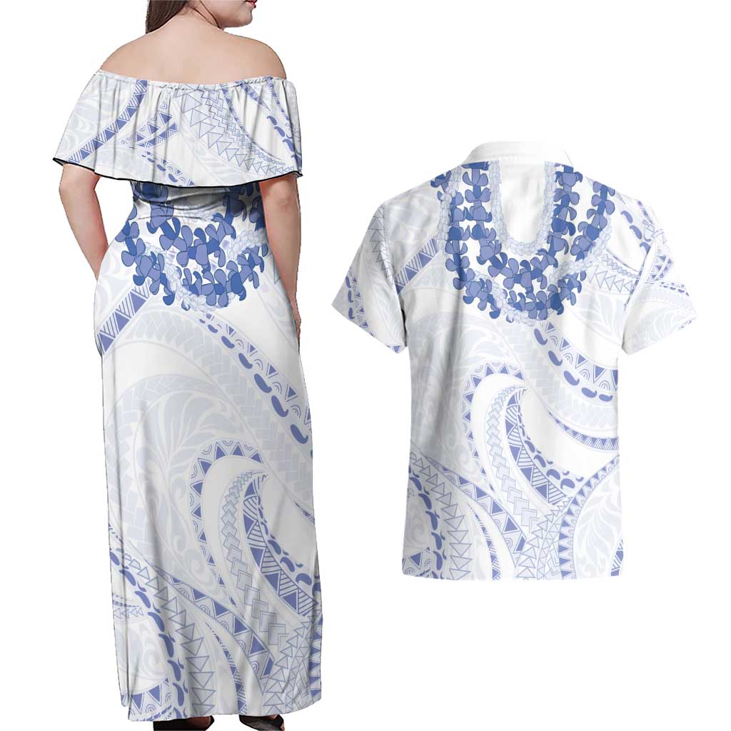 Aloha Lei Onaona Couples Matching Off Shoulder Maxi Dress and Hawaiian Shirt Navy Blue Hawaiian Tribal Pattern