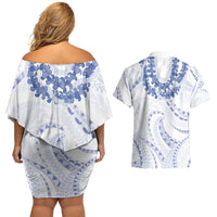 Aloha Lei Onaona Couples Matching Off Shoulder Short Dress and Hawaiian Shirt Navy Blue Hawaiian Tribal Pattern