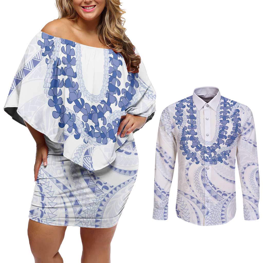 Aloha Lei Onaona Couples Matching Off Shoulder Short Dress and Long Sleeve Button Shirt Navy Blue Hawaiian Tribal Pattern