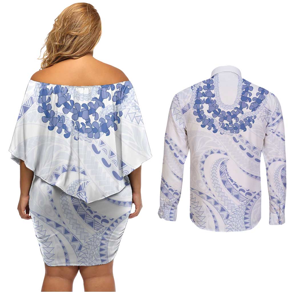 Aloha Lei Onaona Couples Matching Off Shoulder Short Dress and Long Sleeve Button Shirt Navy Blue Hawaiian Tribal Pattern