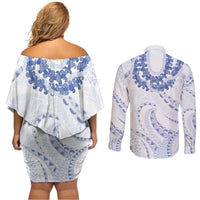 Aloha Lei Onaona Couples Matching Off Shoulder Short Dress and Long Sleeve Button Shirt Navy Blue Hawaiian Tribal Pattern