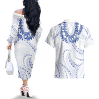 Aloha Lei Onaona Couples Matching Off The Shoulder Long Sleeve Dress and Hawaiian Shirt Navy Blue Hawaiian Tribal Pattern