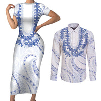 Aloha Lei Onaona Couples Matching Short Sleeve Bodycon Dress and Long Sleeve Button Shirt Navy Blue Hawaiian Tribal Pattern