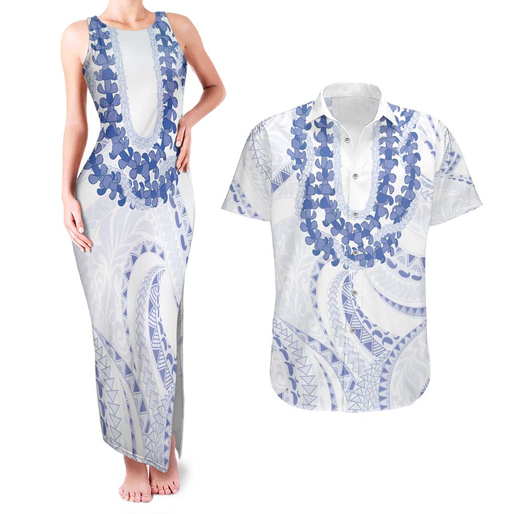 Aloha Lei Onaona Couples Matching Tank Maxi Dress and Hawaiian Shirt Navy Blue Hawaiian Tribal Pattern