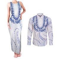 Aloha Lei Onaona Couples Matching Tank Maxi Dress and Long Sleeve Button Shirt Navy Blue Hawaiian Tribal Pattern