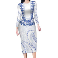 Aloha Lei Onaona Family Matching Long Sleeve Bodycon Dress and Hawaiian Shirt Navy Blue Hawaiian Tribal Pattern