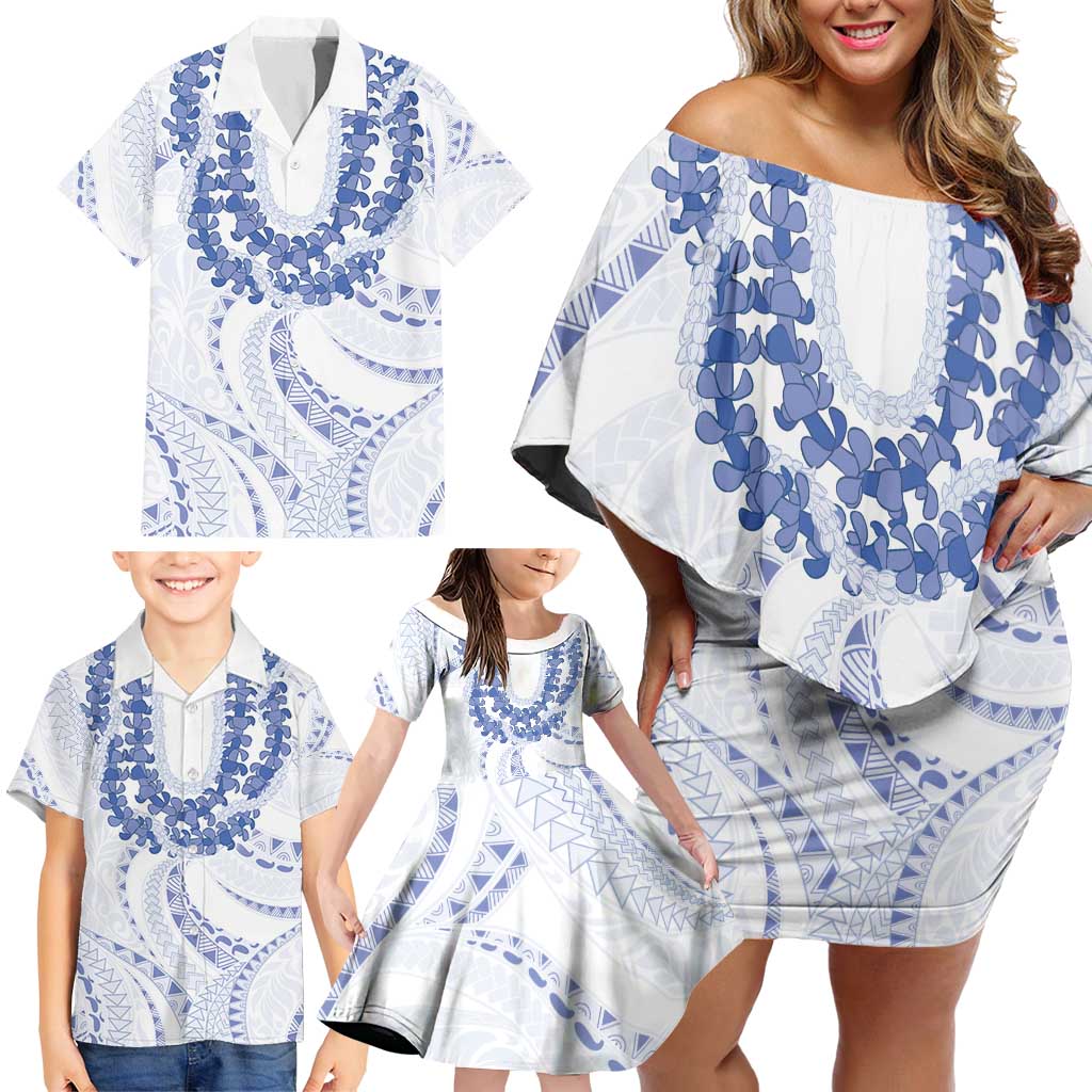Aloha Lei Onaona Family Matching Off Shoulder Short Dress and Hawaiian Shirt Navy Blue Hawaiian Tribal Pattern
