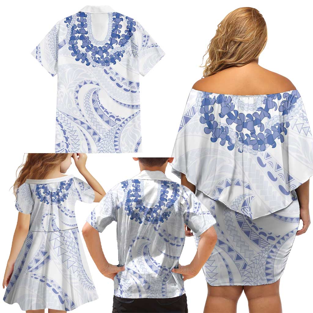 Aloha Lei Onaona Family Matching Off Shoulder Short Dress and Hawaiian Shirt Navy Blue Hawaiian Tribal Pattern