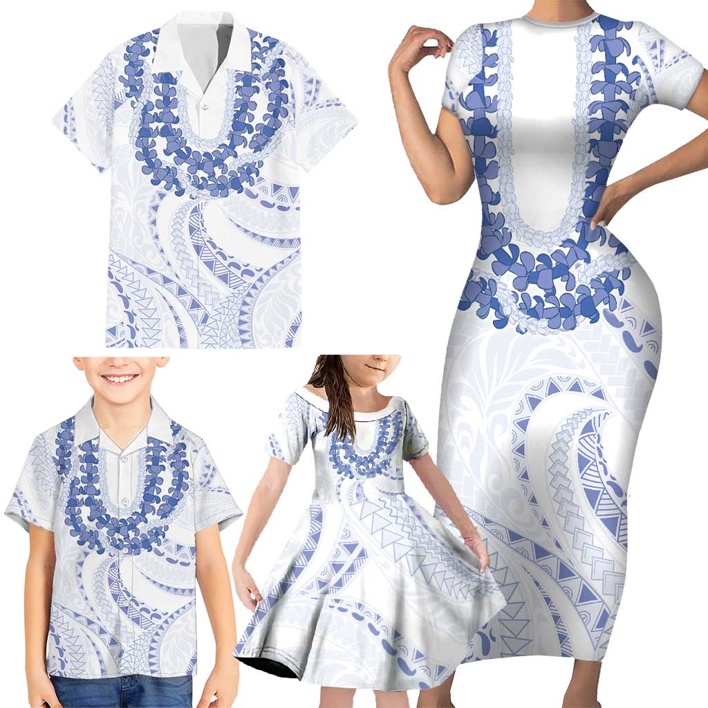 Aloha Lei Onaona Family Matching Short Sleeve Bodycon Dress and Hawaiian Shirt Navy Blue Hawaiian Tribal Pattern