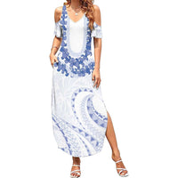 Aloha Lei Onaona Family Matching Summer Maxi Dress and Hawaiian Shirt Navy Blue Hawaiian Tribal Pattern