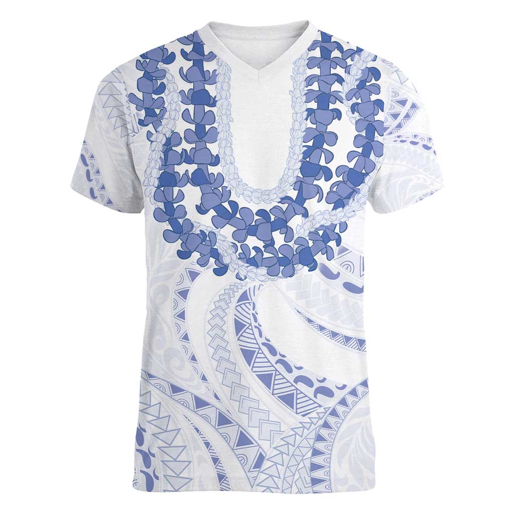 Aloha Lei Onaona Women V-Neck T-Shirt Navy Blue Hawaiian Tribal Pattern