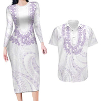 Aloha Lei Onaona Couples Matching Long Sleeve Bodycon Dress and Hawaiian Shirt Purple Hawaiian Tribal Pattern