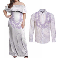 Aloha Lei Onaona Couples Matching Off Shoulder Maxi Dress and Long Sleeve Button Shirt Purple Hawaiian Tribal Pattern