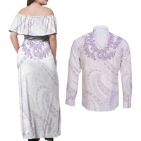 Aloha Lei Onaona Couples Matching Off Shoulder Maxi Dress and Long Sleeve Button Shirt Purple Hawaiian Tribal Pattern