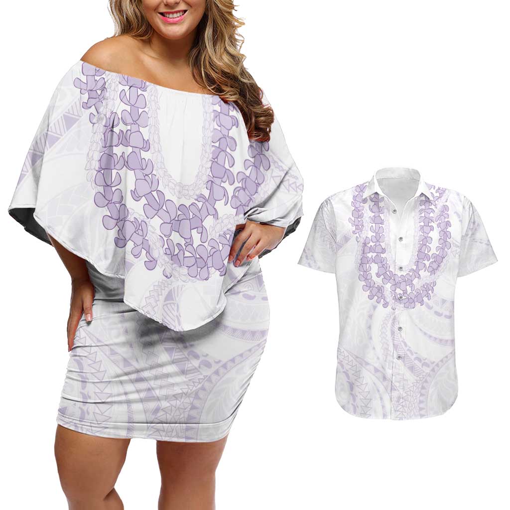 Aloha Lei Onaona Couples Matching Off Shoulder Short Dress and Hawaiian Shirt Purple Hawaiian Tribal Pattern
