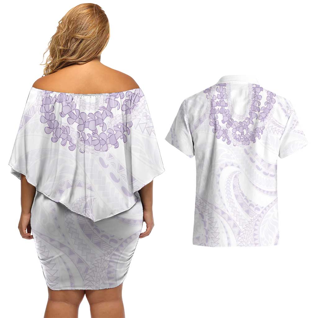 Aloha Lei Onaona Couples Matching Off Shoulder Short Dress and Hawaiian Shirt Purple Hawaiian Tribal Pattern
