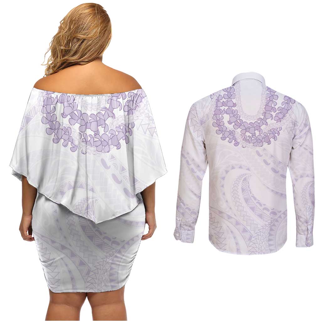 Aloha Lei Onaona Couples Matching Off Shoulder Short Dress and Long Sleeve Button Shirt Purple Hawaiian Tribal Pattern