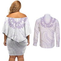 Aloha Lei Onaona Couples Matching Off Shoulder Short Dress and Long Sleeve Button Shirt Purple Hawaiian Tribal Pattern
