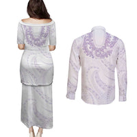 Aloha Lei Onaona Couples Matching Puletasi and Long Sleeve Button Shirt Purple Hawaiian Tribal Pattern
