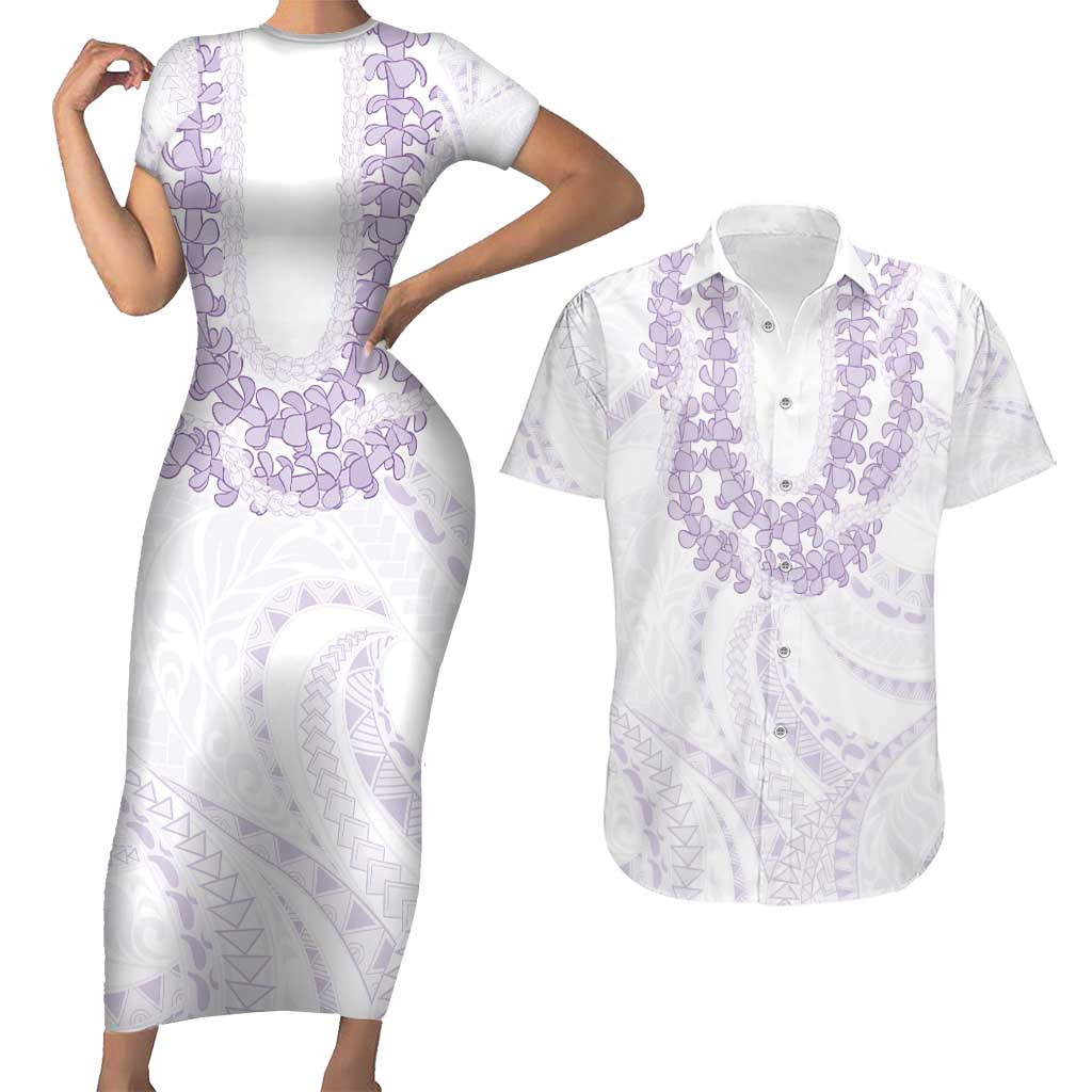 Aloha Lei Onaona Couples Matching Short Sleeve Bodycon Dress and Hawaiian Shirt Purple Hawaiian Tribal Pattern