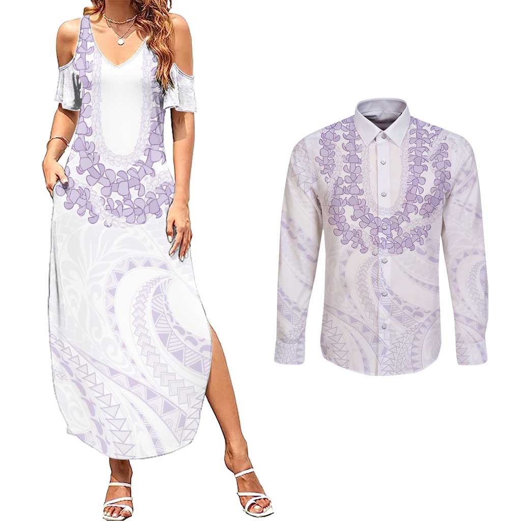 Aloha Lei Onaona Couples Matching Summer Maxi Dress and Long Sleeve Button Shirt Purple Hawaiian Tribal Pattern