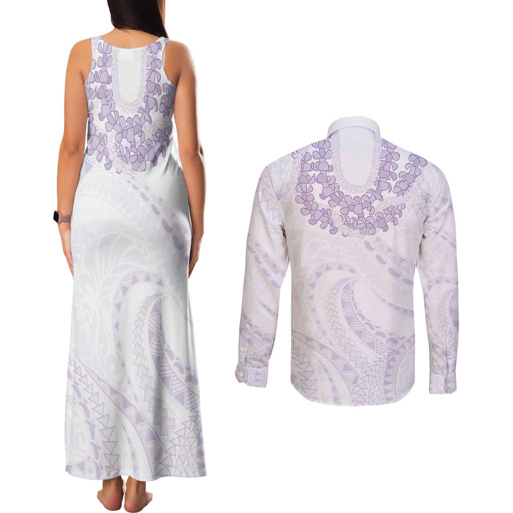 Aloha Lei Onaona Couples Matching Tank Maxi Dress and Long Sleeve Button Shirt Purple Hawaiian Tribal Pattern